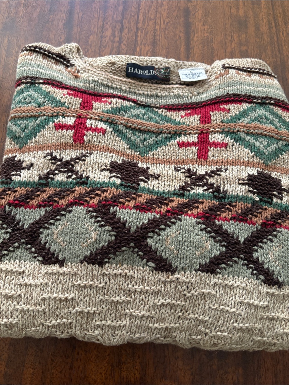 Harold's Beige Crewneck Sweater with Green, Red & Brown Accents
